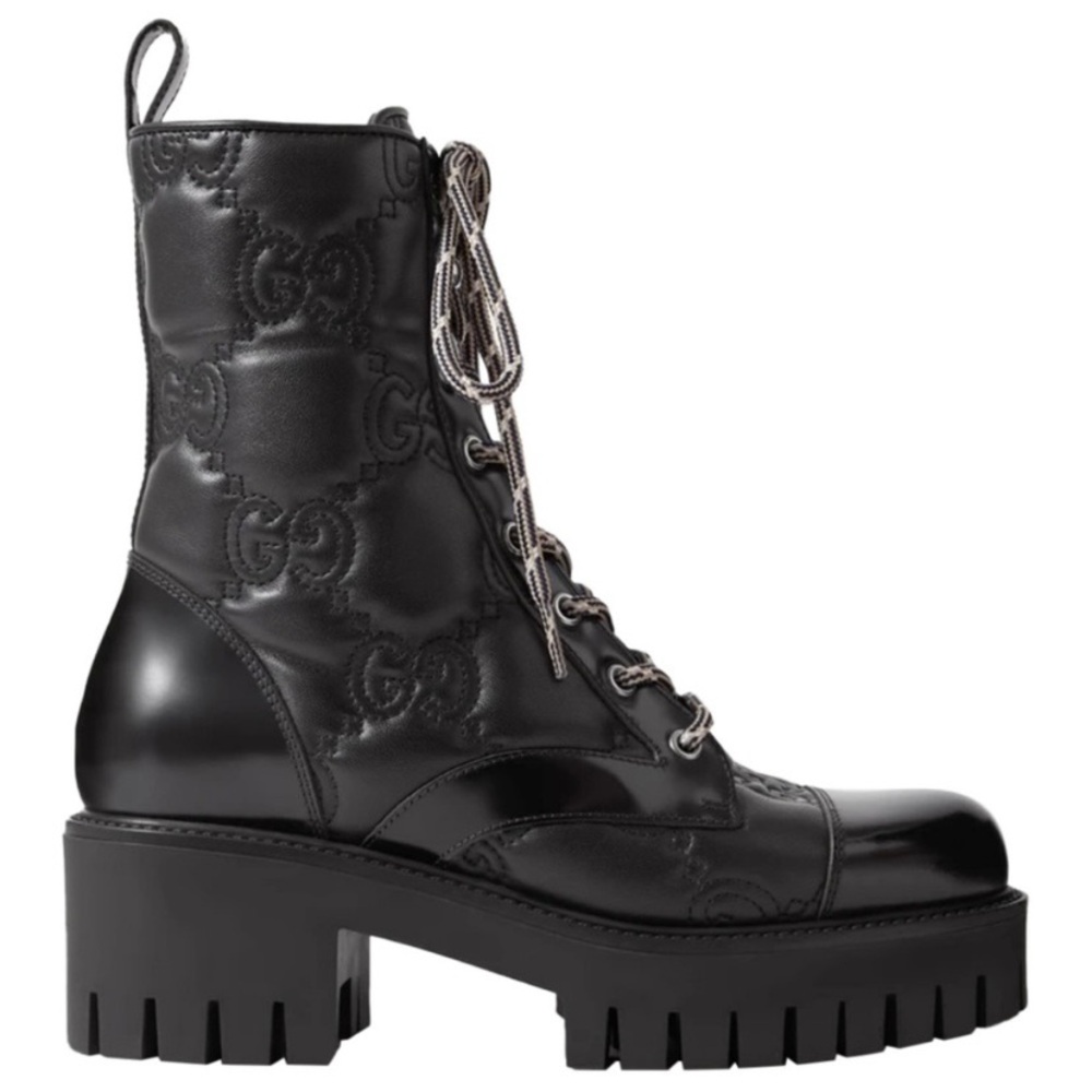 GUCCI GG logo embossed leather lace up boots